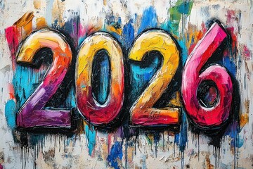 Bold 2026 numbers painted in thick textured brushstrokes on colorful abstract background with dripping vibrant oil paint effect Generative AI
