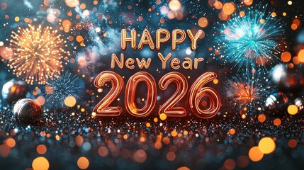 Festive happy new year 2026 greeting with glowing text fireworks and glittering ornaments on sparkling night background Generative AI