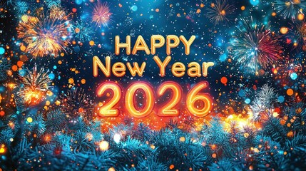 Happy new year 2026 glowing text with fireworks bokeh and snowy pine branches in festive winter night celebration Generative AI