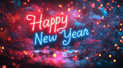 Happy new year neon sign in red and blue glowing lights with pine branches fireworks and festive atmosphere at night Generative AI