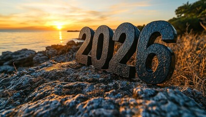 Black 2026 numbers on rocky coastline at sunset with golden light reflecting off ocean and dramatic sky in natural outdoor scene Generative AI