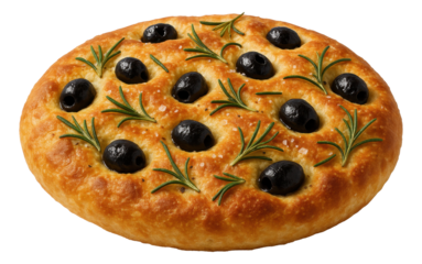 Freshly baked focaccia bread topped with black olives, rosemary sprigs, and coarse sea salt.