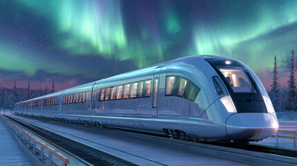 Naklejka premium Glossy Silver Bullet Train Beneath Dancing Aurora in Winter Twilight