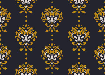 Floral pattern. Vintage wallpaper in the Baroque style. Seamless vector dark blue background. Gold and beige ornament for print, Leaf repeating on wallpaper, packaging.Ornate Damask flower ornament
