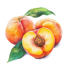 Peach Orchard Ripe Peaches, watercolor painting vector, isolated on a white background.