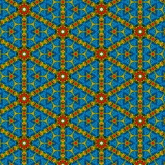 Seamless kaleidoscope floral pattern geometric floral shapes in blue, red, and gold design for fabric, wallpaper, and backgrounds