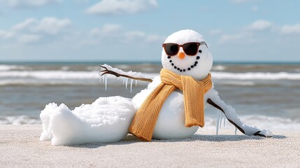 Obraz premium Snowman wearing sunglasses and a yellow scarf is laying on the beach. The scene is bright and cheerful, with the snowman looking relaxed and happy