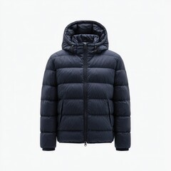Navy blue hooded puffer jacket.  Full-zip front,  quilted design,  warm and lightweight
