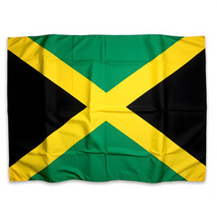 Jamaican flag green yellow black diagonal cross saltire, fabric material visible, soft movement natural, studio arrangement professional, isolated transparent, stock quality standard, cross design