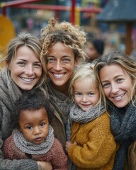 Happy Diverse Women and Children in Winter Playground Portrait