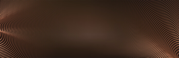 Gold wave lines on dark brown background with lighting effect and glitter with copy space for text. Luxury design style. Vector illustration