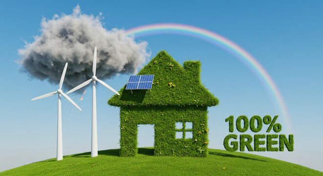 Green House with Wind Turbines and Solar Panel under Rainbow