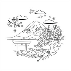 Mount Fuji Embroidery Pattern PDF, Japanese Landscape with Cherry Blossoms