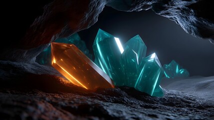 Obraz premium Glowing giant crystal structures in a dark cavern