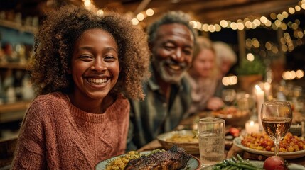Happy Multigenerational Family Dinner with Warm Lighting