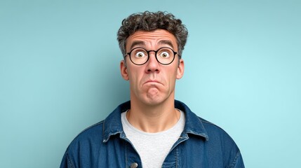 Obraz premium Man with glasses and a blue jacket is looking at the camera with a surprised expression. Concept of curiosity and intrigue