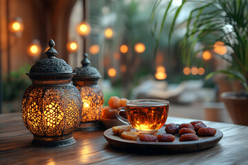 Ramadan tea dates lantern lights cozy evening