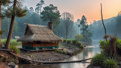 house in the woods, old house in the village, hut in the jungle
