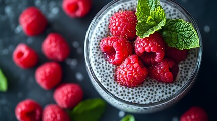 Chia pudding topped with fresh raspberries and mint