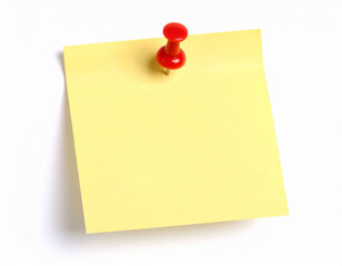Yellow sticky post it note with red pushpin isolated on white background