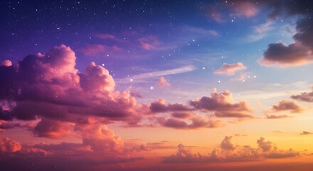 Naklejka premium 幻想的な夜空、カラフルな雲と輝く星が広がる夢の世界 