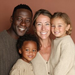 Happy Multiracial Family Portrait Against Brown Background