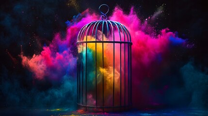 Colorful Holi powder explosions inside of a cage