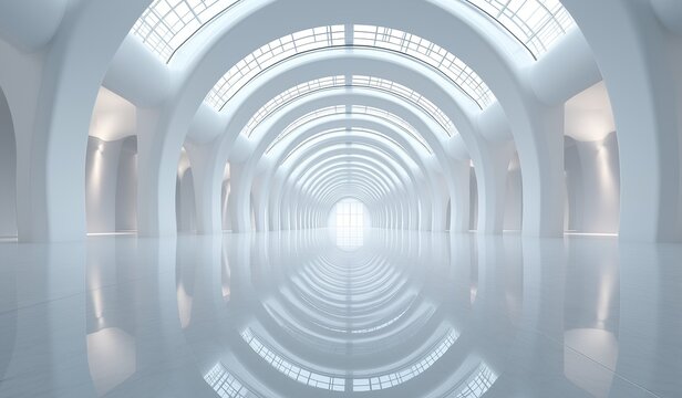 Futuristic white circular hall with arched windows and skylights, minimalist modern architecture with glossy ceramic surfaces and clean lines, reflections creating depth illusion