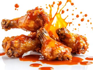 Crispy chicken wings covered in spicy buffalo sauce splash on white background