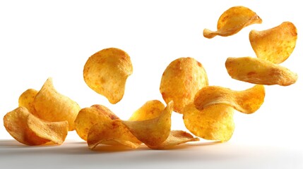 Crispy golden potato chips falling against a white background