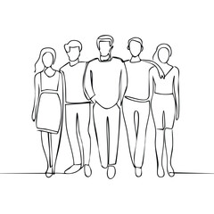 Minimalist one-line drawing of a diverse group of friends standing
