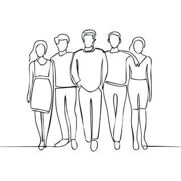 Minimalist one-line drawing of a diverse group of friends standing