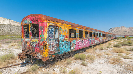 Fototapeta premium Abandoned Graffiti Train Car Desert Landscape