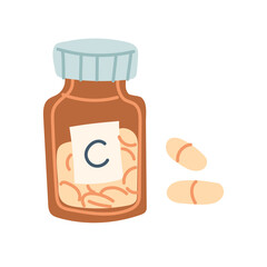 A glass jar with vitamin C. Elongated pills. The flat color illustration is suitable for applications, posters about health, fitness, exercise, disease prevention and cardiac activity