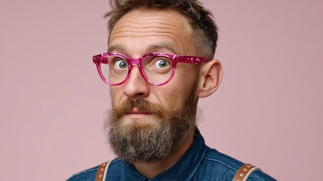 Man with a pink pair of glasses and a beard. He is looking at the camera with a surprised expression - Powered by Adobe