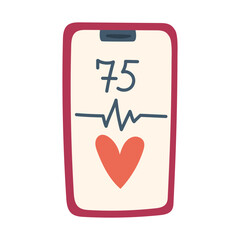 phone with a heart pattern, cardiogram, and the number of beats. The flat color illustration is suitable for medical websites, posters about health, fitness, disease prevention and cardiac activity.