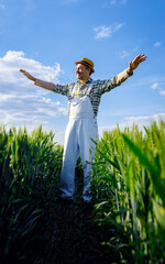 Smiling farmer standing in green wheat field with arms outstretched.