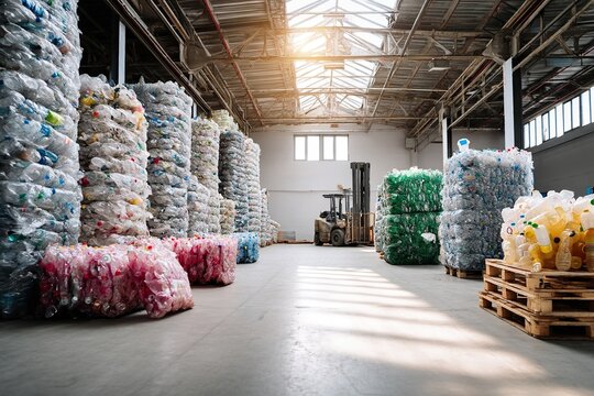 Recycled materials warehouse filled with neatly stacked plastic bottles and forklift.