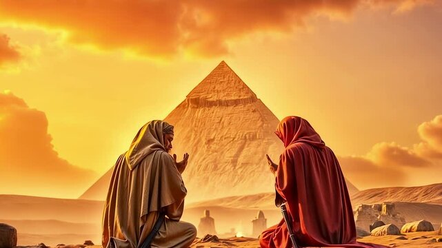Close up of great powerful priests praying to the gods near the Great Pyramid, great mystical council on the Pyramid of Cheops in Ancient Egypt in Giza