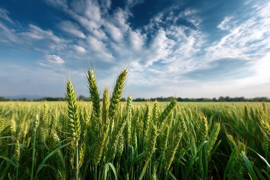 Golden wheat field under a brilliant blue sky with white clouds rolling overhead.