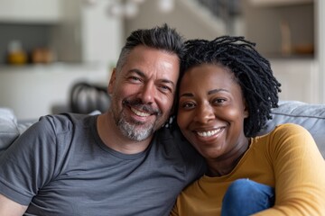 Obraz premium Portrait of a jovial mixed race couple in their 40s sitting on the couch relaxing