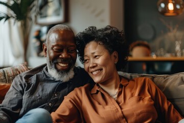 Fototapeta premium Portrait of a jovial mixed race couple in their 40s sitting on the couch relaxing