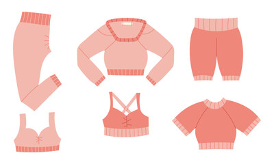 set of pink sportswear. Top, tank top, leggings, shorts. The flat color illustration is suitable for applications, posters about health, fitness, exercise, disease prevention and cardiac activity