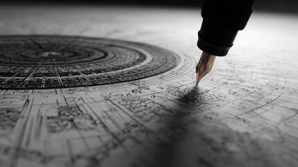 Intricate Mandala Drawing with Fountain Pen in Monochrome