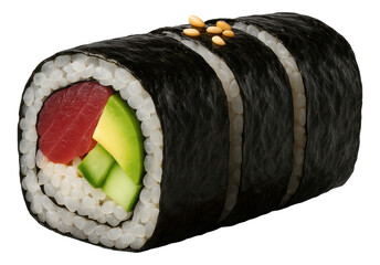 Sushi roll with tuna, avocado, and cucumber wrapped in seaweed and rice, topped with sesame seeds.