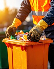 Worker sorting recyclables in orange bin with protective gear at sunset