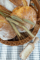 Fresh, delicious baked goods made in a bakery. Bread, baguette, bun, croissant, cake. Healthy,...