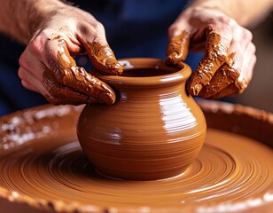 Close-up of artisan shaping clay pot on spinning wheel