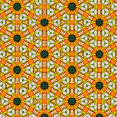 Seamless kaleidoscope floral pattern vibrant geometric floral with green and orange design for fabric, wallpaper, and backgrounds