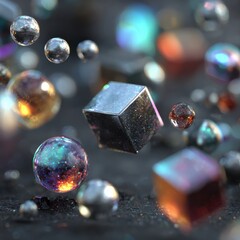 Iridescent Spheres and Glittering Cubes Abstract 3D Render